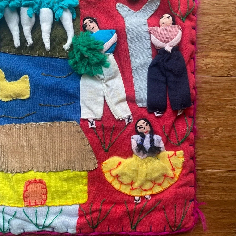 Vintage Peruvian handmade arpillera folk art wall Tapestry 19x16